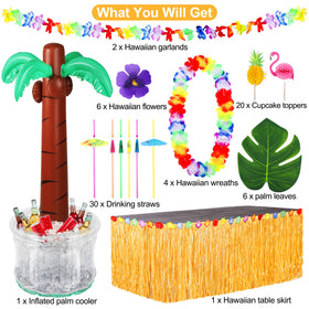 Fovths Hawaiian table skirt adds vibrant color to drink stations and buffets.