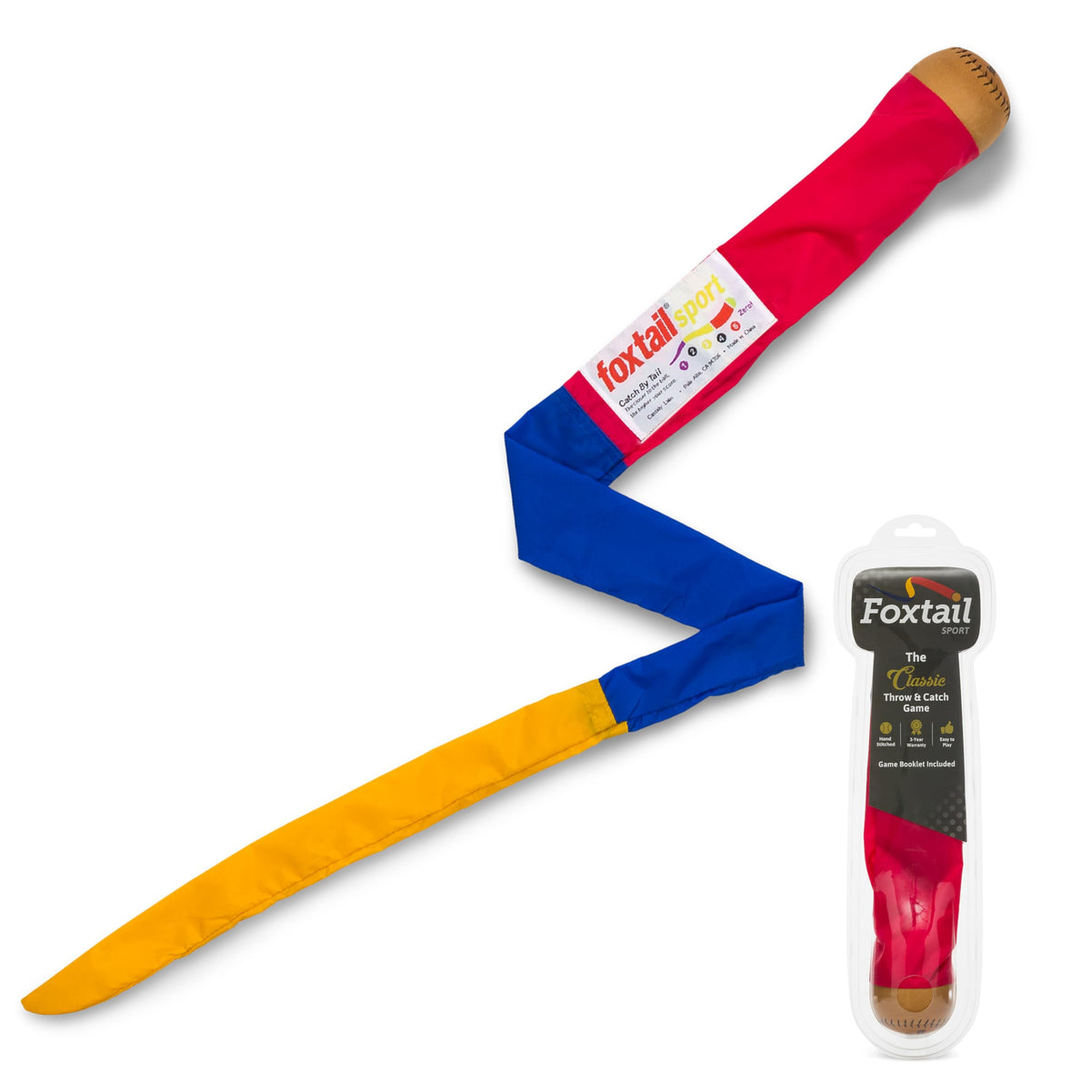 Foxtail Sport front view shows the leather ball and durable nylon tail for safe outdoor play.