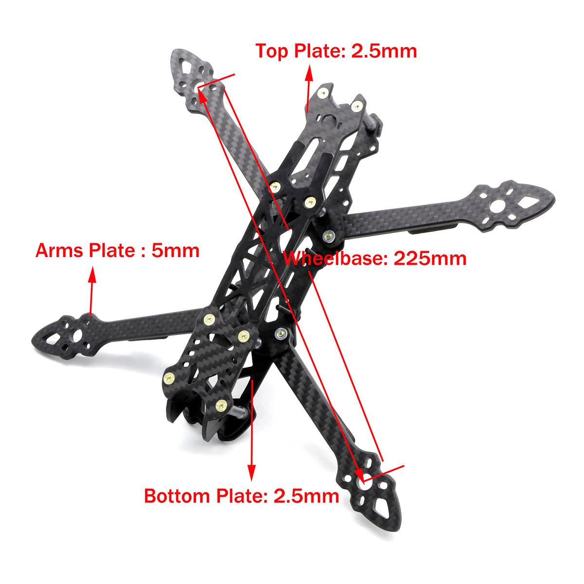 FPVDrone frame highlights rugged carbon fiber for durable freestyle use.