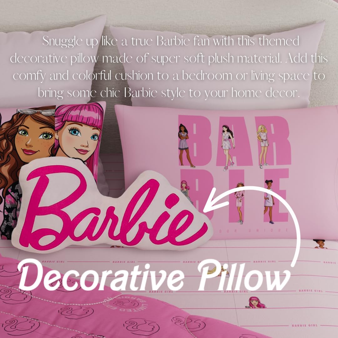 Franco Barbie logo pillow on bed highlights bold pink décor impact.