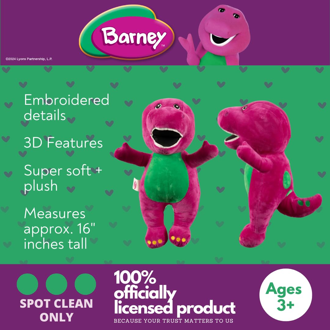 Franco Barney Cuddle Pillow face closeup emphasizes cheerful Barney smile and friendly design.