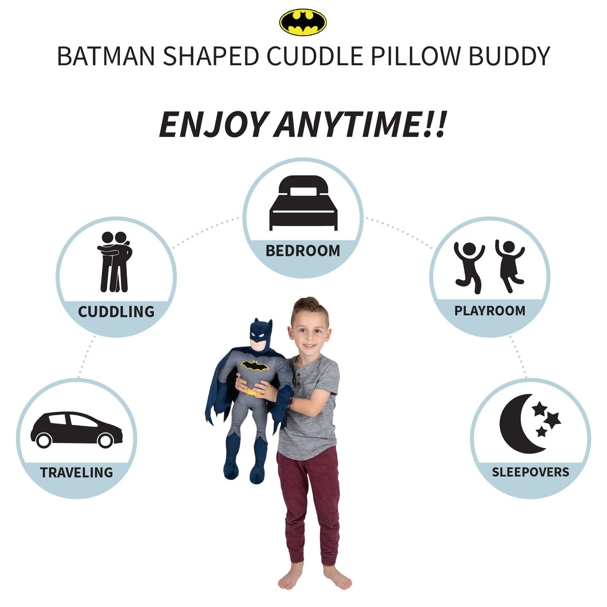 Franco Batman cuddle pillow detail shows belt and cape with bold branding.