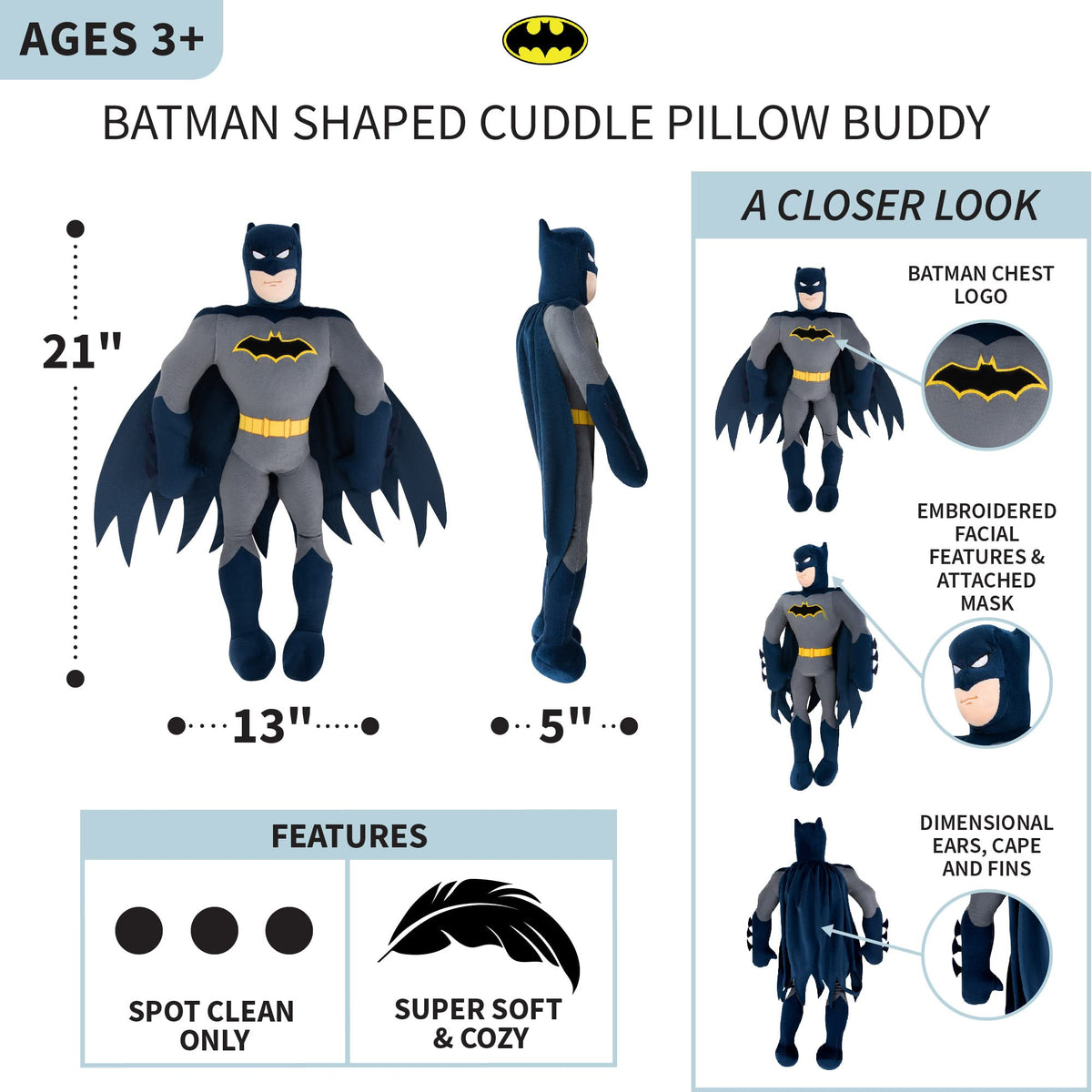 Franco Batman cuddle pillow embroidery demonstrates iconic features for Batman fans.