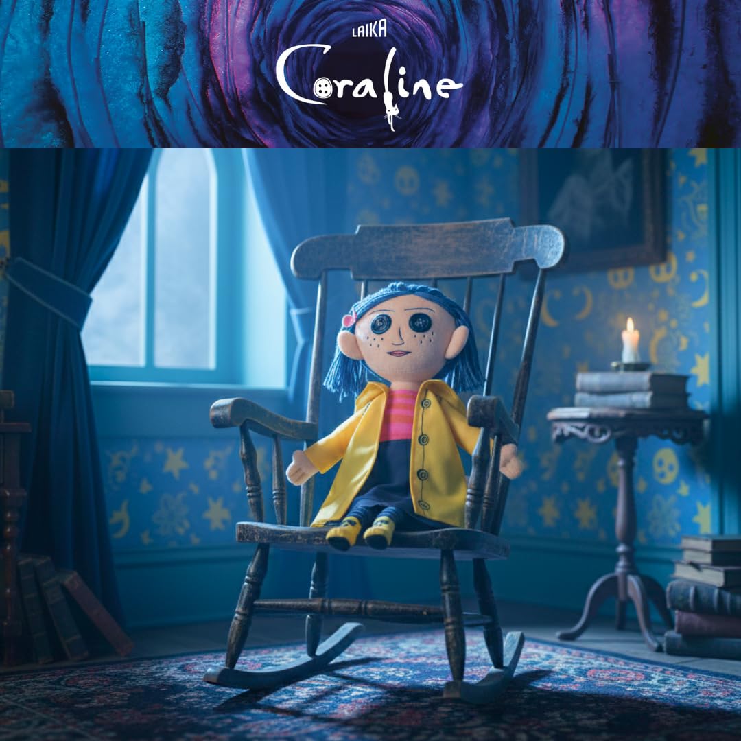 Franco Coraline plush with blue hair for comforting movie hugs