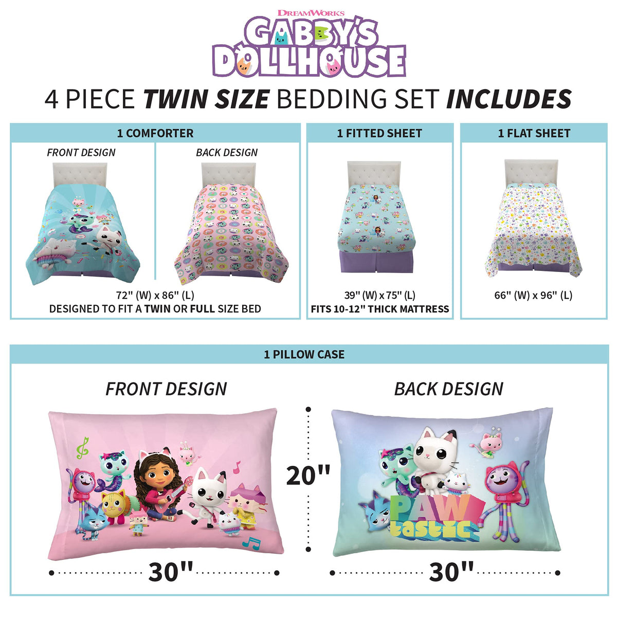 Franco Gabby’s Dollhouse pillowcase with bright characters for playful décor
