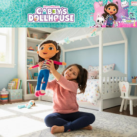 Franco Gabby’s Dollhouse cuddle pillow measures 20 by 9.5 by 5 inches