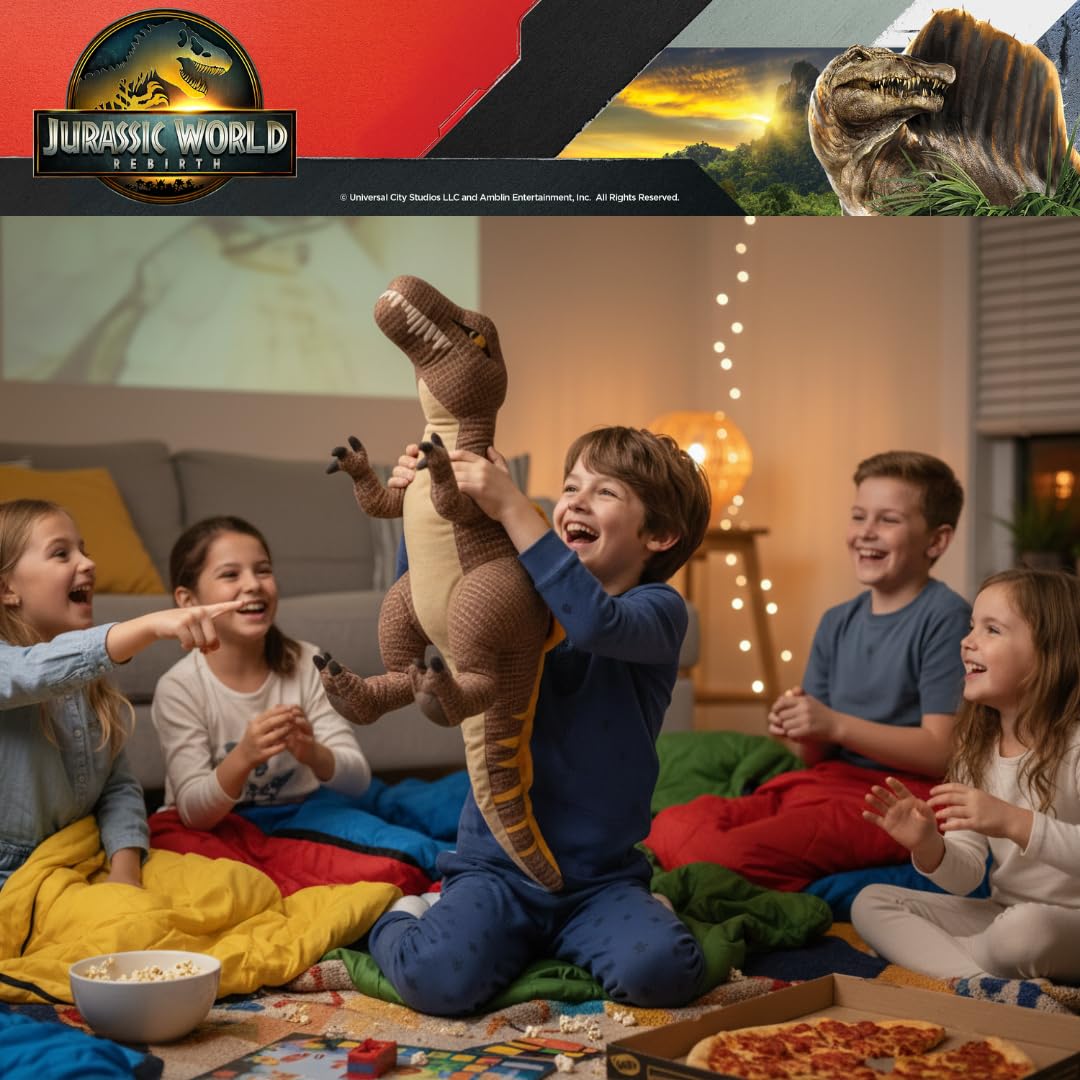 Franco Spinosaurus cuddle pillow in-bed scene adds playful decor and comfort.