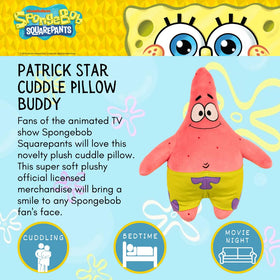 Franco Patrick Star cuddle pillow side view highlights its cuddly size for reading.