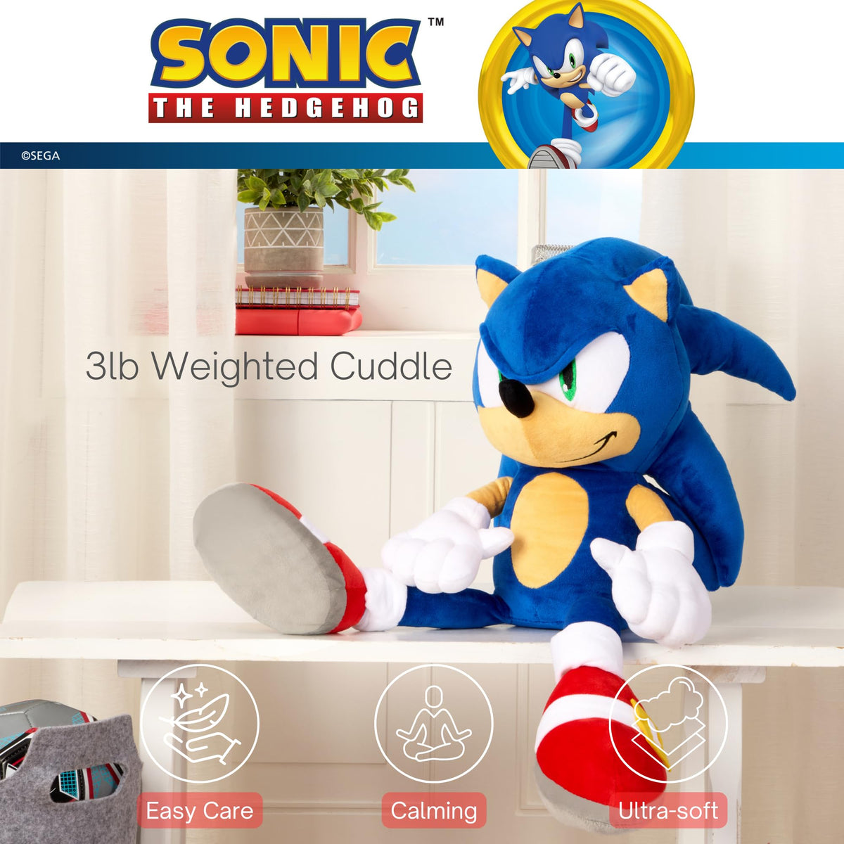 Franco Sonic Hedgehog weighted cuddle pillow embroidery details showcase iconic spikes and playful charm