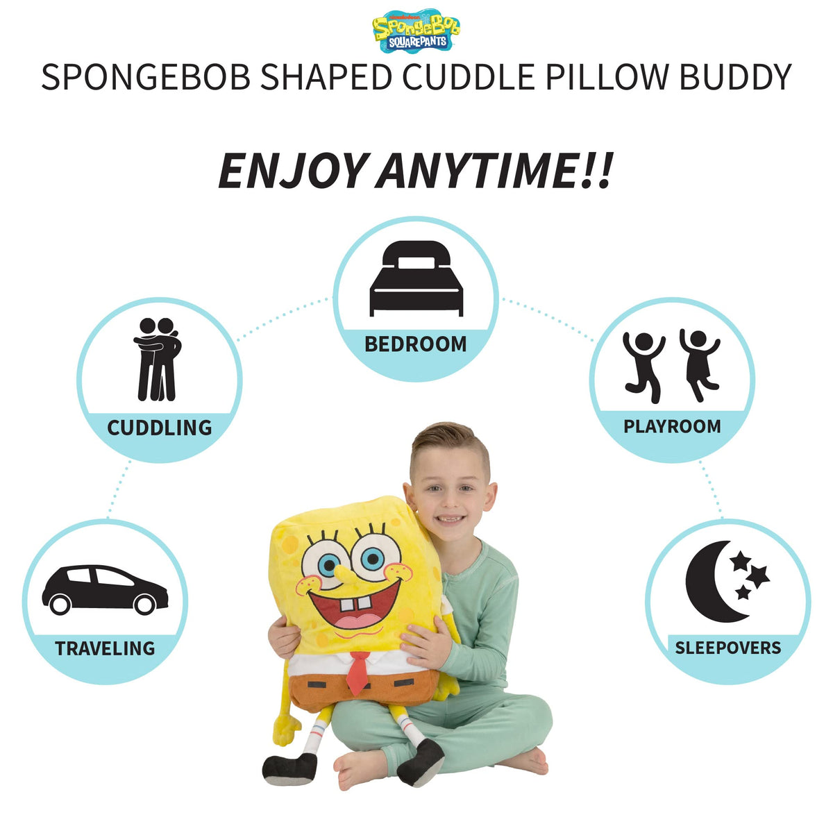 Franco SpongeBob pillow buddy side-profile with 3D hands and feet boosts imaginative play