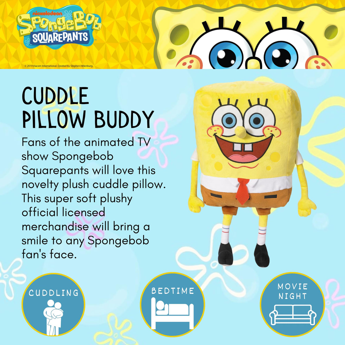 Franco SpongeBob plush side view demonstrates generous length for hugging
