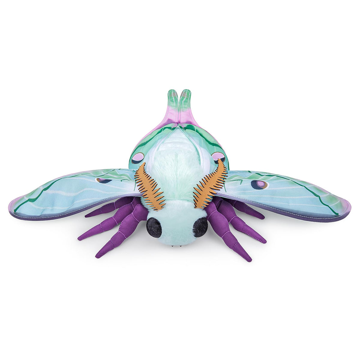 Luna Moth plush side view highlights cuddly silhouette and softness.
