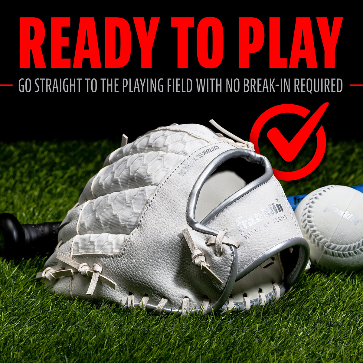 Glove worn on left hand for right-handed throwing in Franklin Meshtek set.