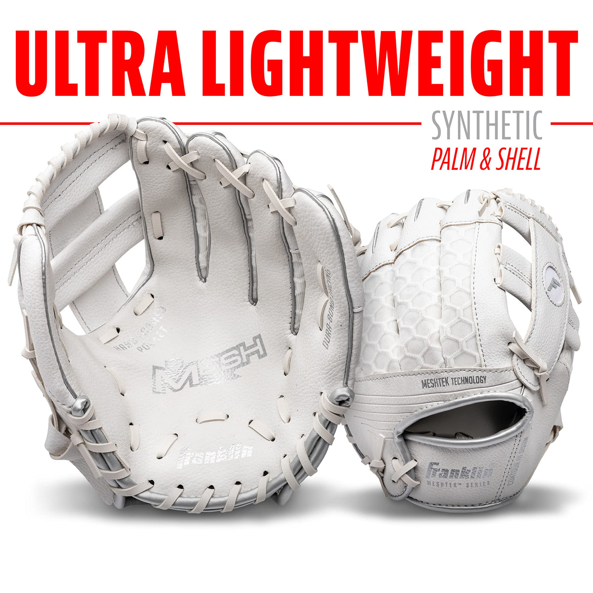 Franklin Meshtek glove palm closeup; soft mesh for comfortable catches.