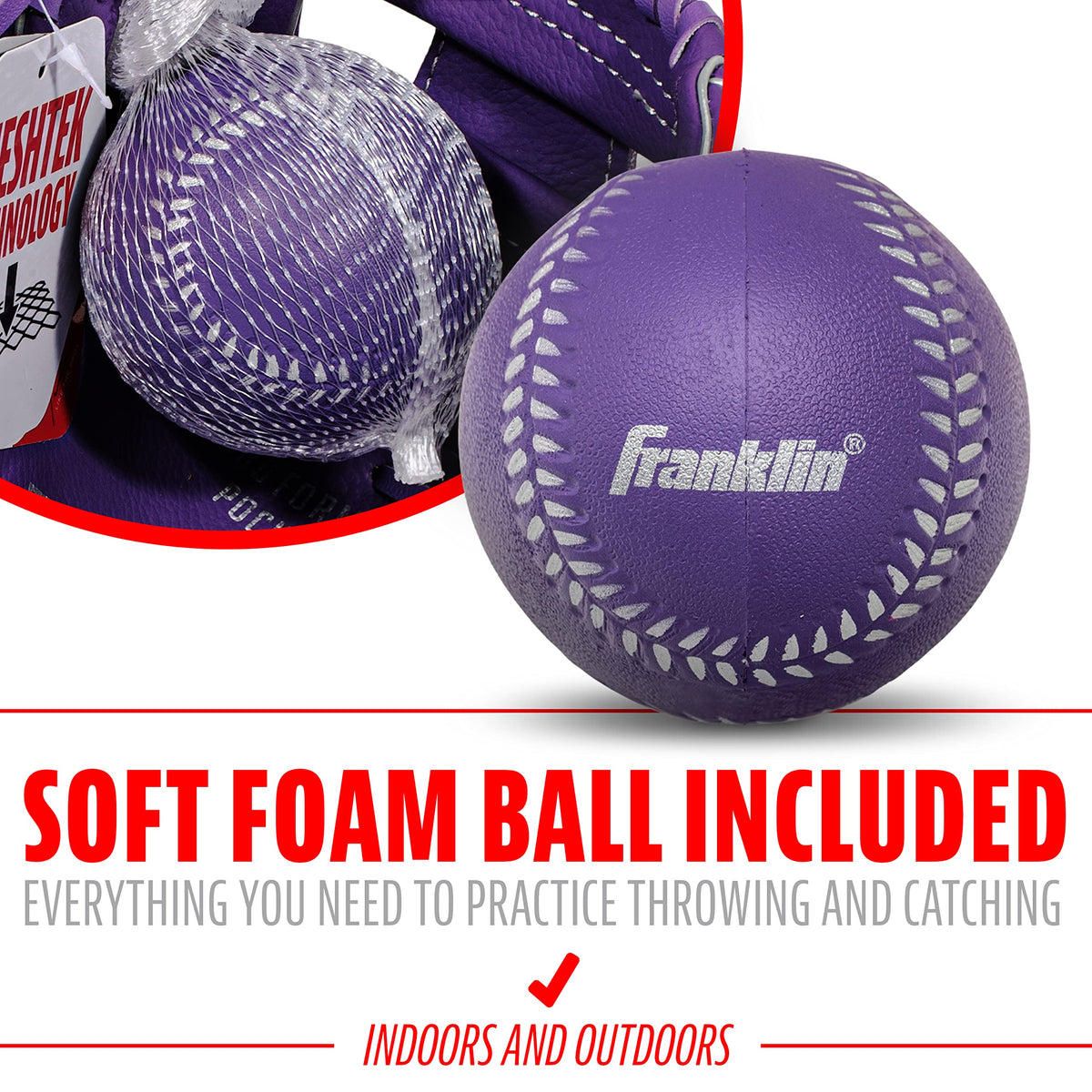 Franklin Sports Meshtek Teeball ball image highlights included foam ball for indoor and outdoor play.