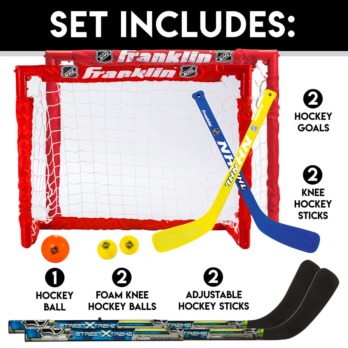 Franklin Sports NHL adjustable sticks 18-28 in support growing players.