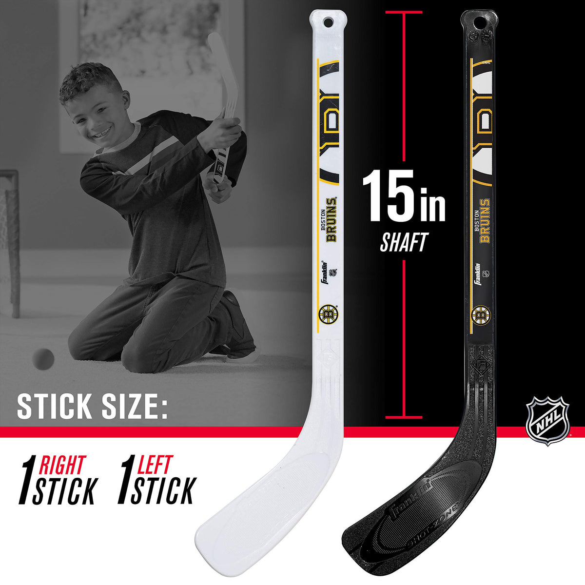 Franklin Sports NHL Boston Bruins mini hockey stick, left handed, balanced grip for kids.