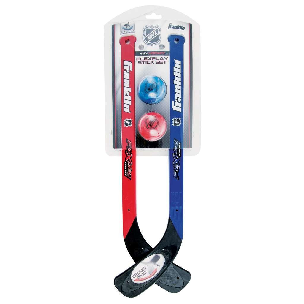 Franklin Sports NHL FlexPlay 2-Player Sticks in basement setup for fast indoor play.