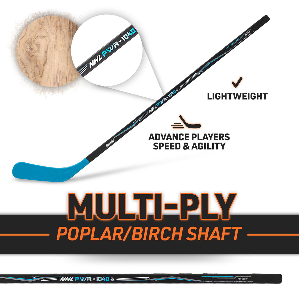 Wood and fiberglass shaft detail highlighting durable construction for outdoor street hockey.