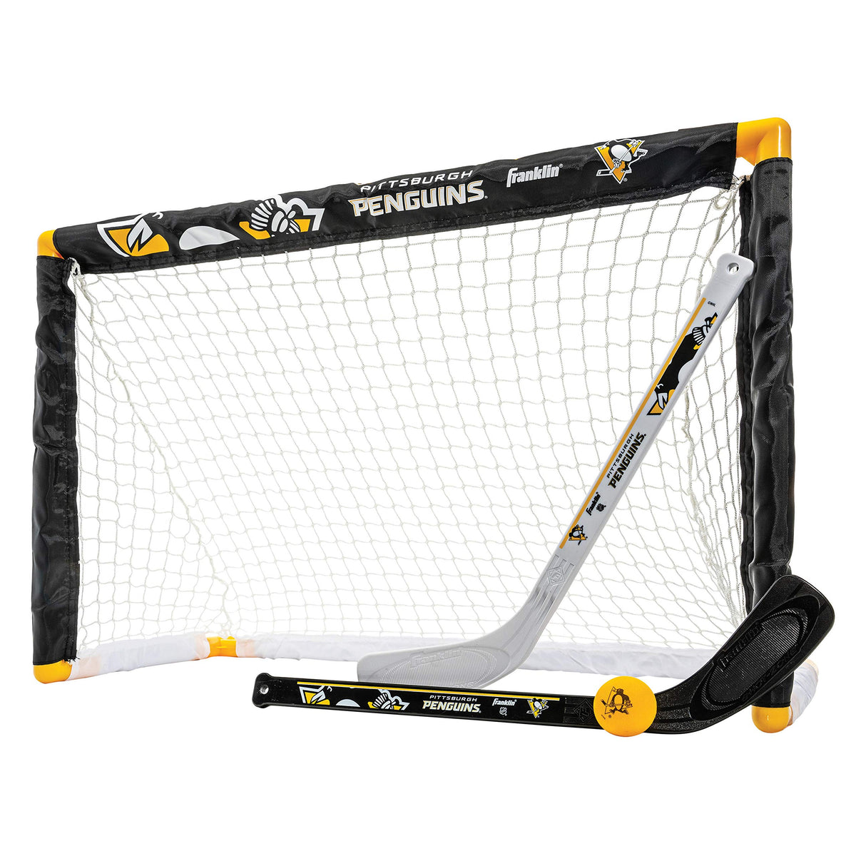 Franklin Sports Penguins mini hockey goal assembled for safe indoor practice.