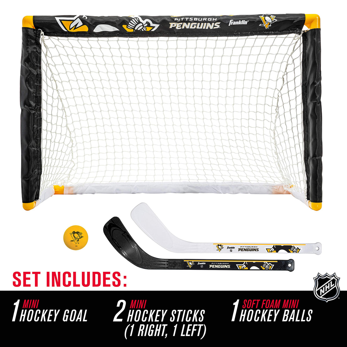 Franklin Sports Penguins mini hockey sticks left and right ready for play.