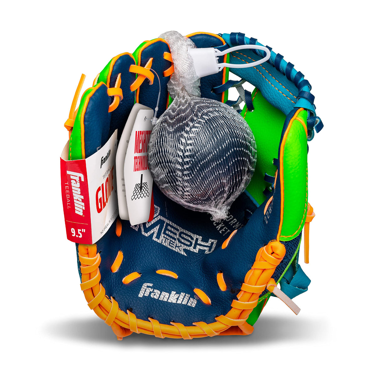 Franklin Sports teeball glove color royal lime orange stands out on field