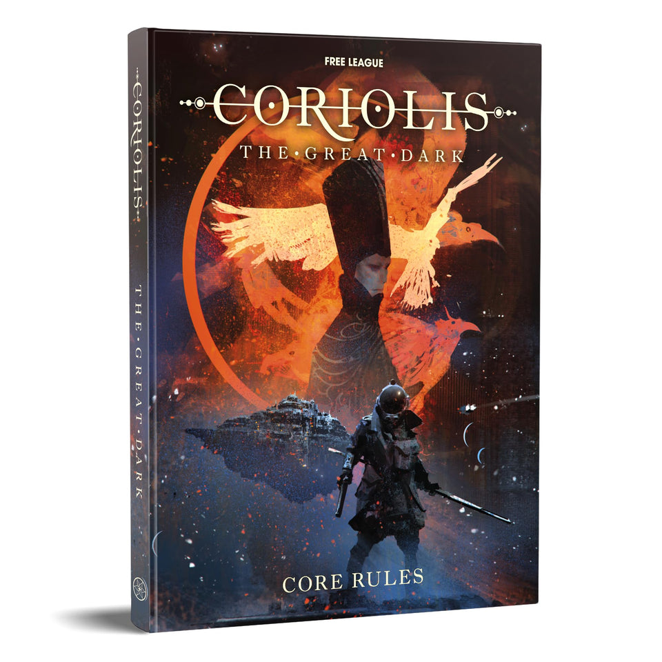 Free League Coriolis Great Dark Core Rulebook cover art highlighting immersive sci-fi adventures for storytelling sessions