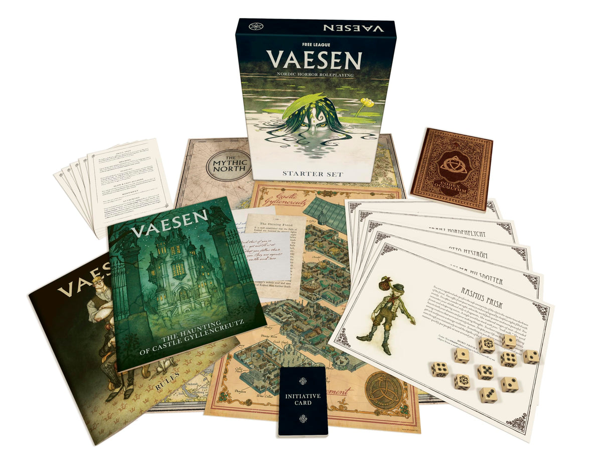 Free League Vaesen Starter Set packaging, ready-to-play with map and dice for quick-start adventures