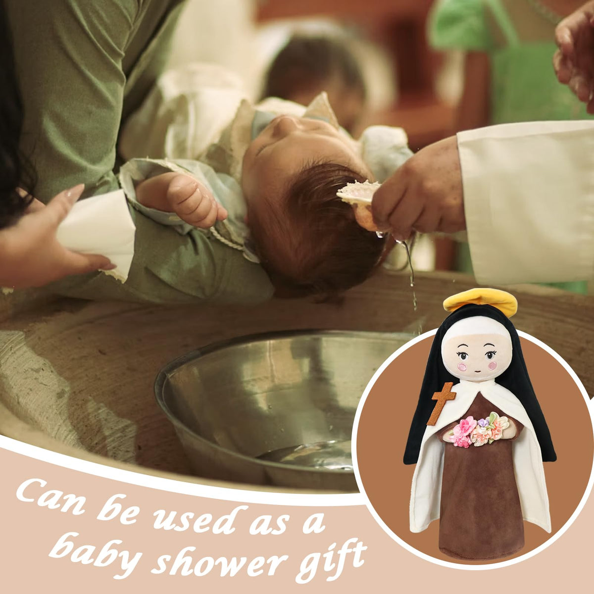 Free-Space St. Therese doll suitable as a baptism gift or religious celebration keepsake.