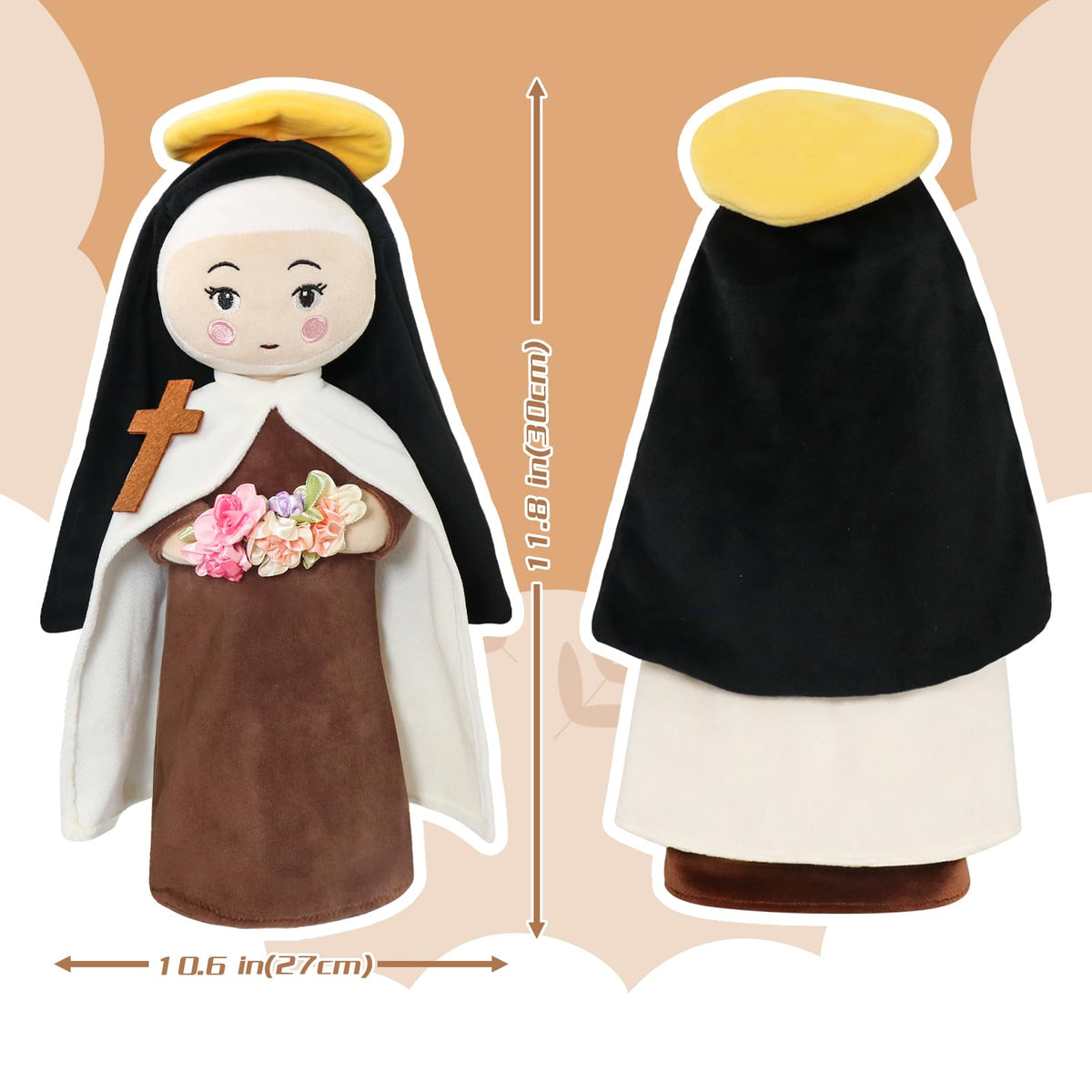 Free-Space St. Therese doll snuggling beside a child at bedtime.
