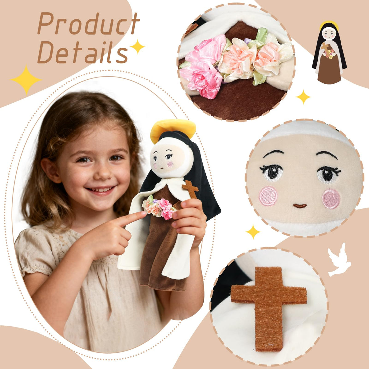 Free-Space St. Therese doll wearing a dark brown robe, a tranquil bedroom companion.