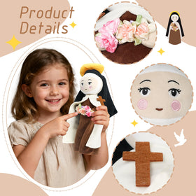 Free-Space St. Therese doll wearing a dark brown robe, a tranquil bedroom companion.