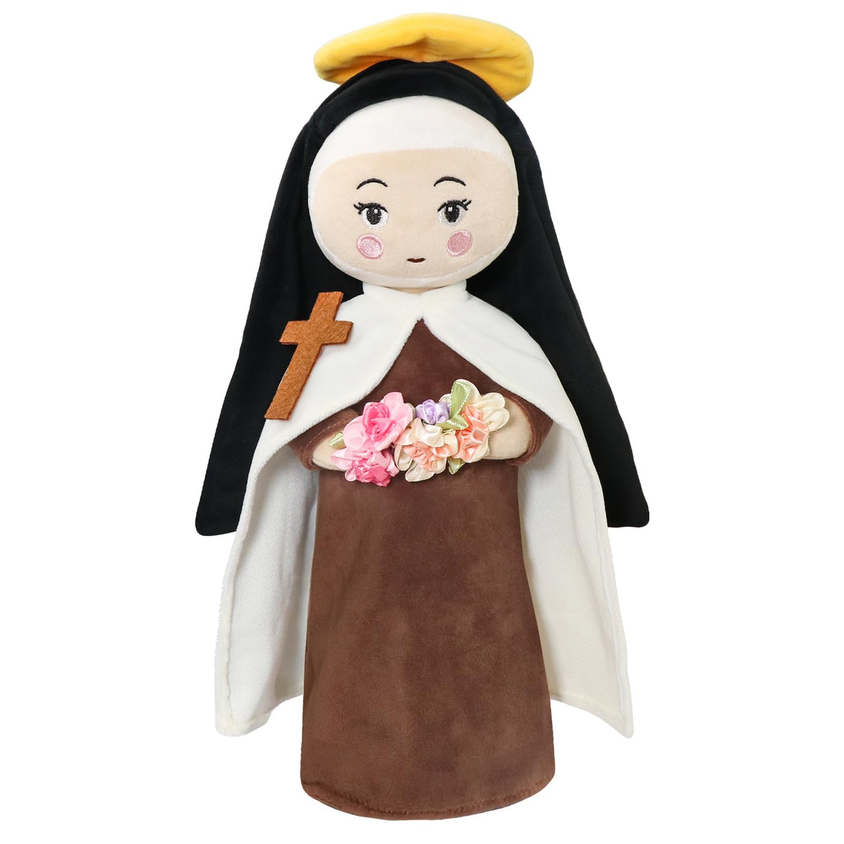 Free-Space St. Therese doll with a bouquet of roses for prayer corners.