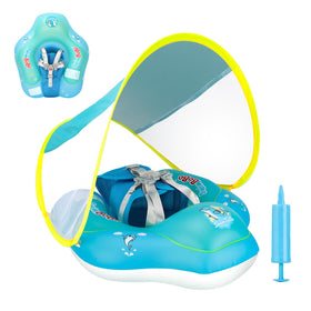 Free Swimming Baby blue dolphin pool float with canopy for sun protection.