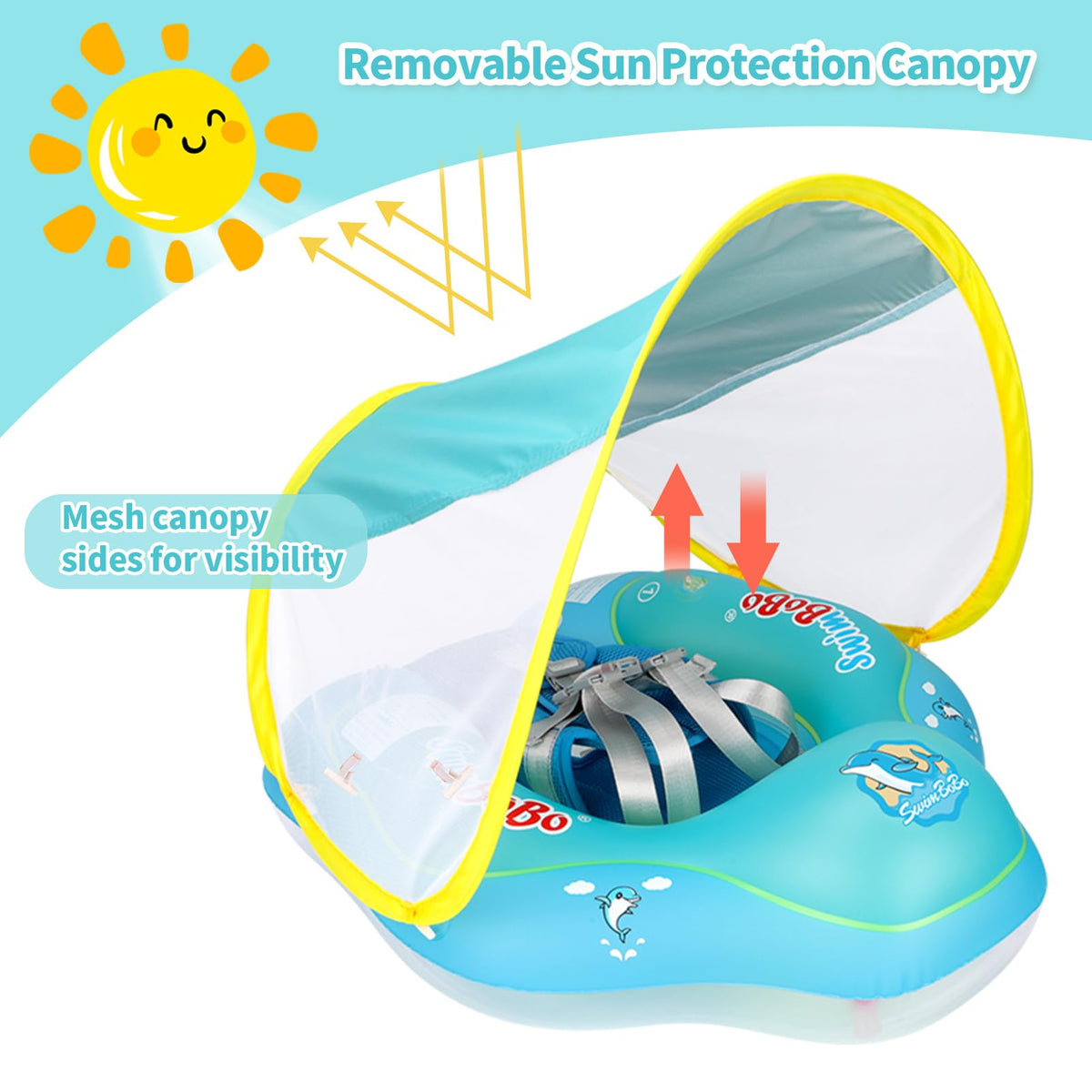 Free Swimming Baby breathable sun canopy on pool float for shade.