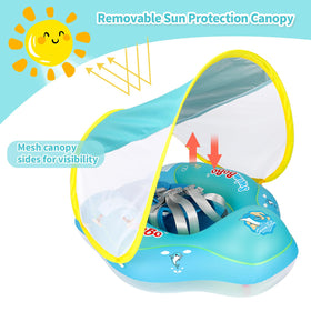 Free Swimming Baby breathable sun canopy on pool float for shade.