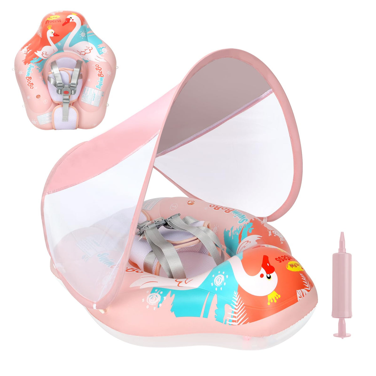 Free Swimming Baby pool float with pink canopy provides sun protection for infants.