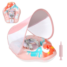 Free Swimming Baby pool float with pink canopy provides sun protection for infants.