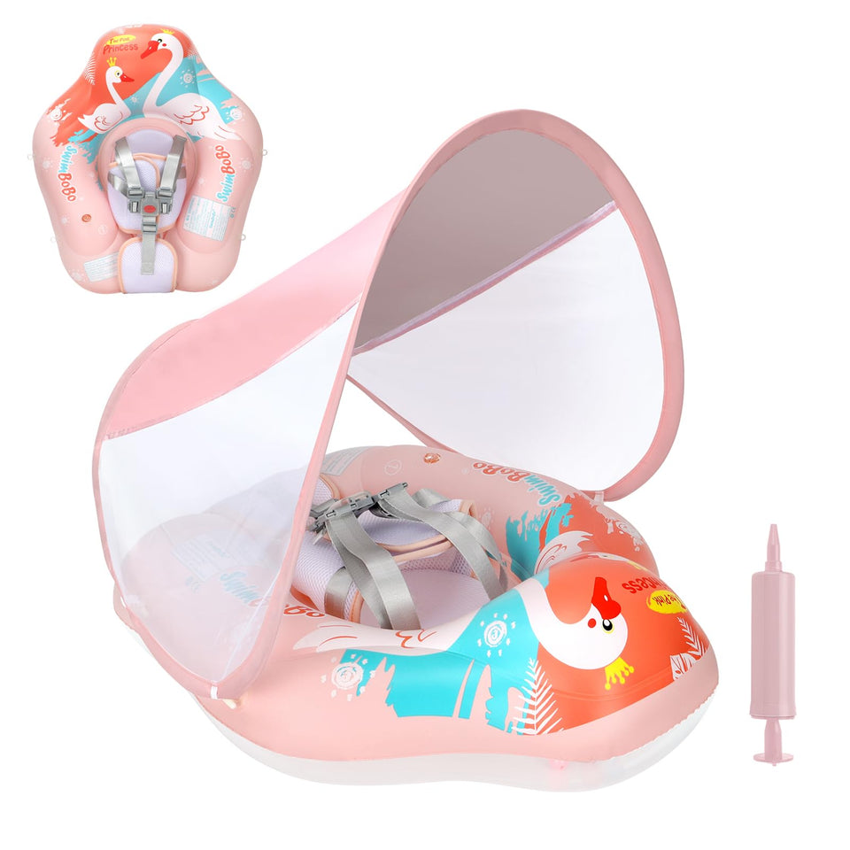 Free Swimming Baby pool float with pink canopy provides sun protection for infants.