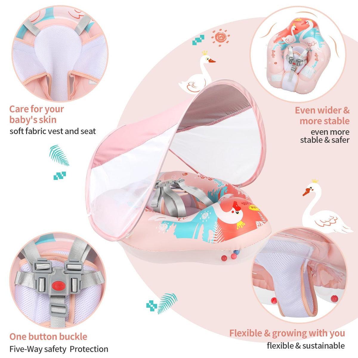 Swimbobo infant float with bottom support prevents sliding.