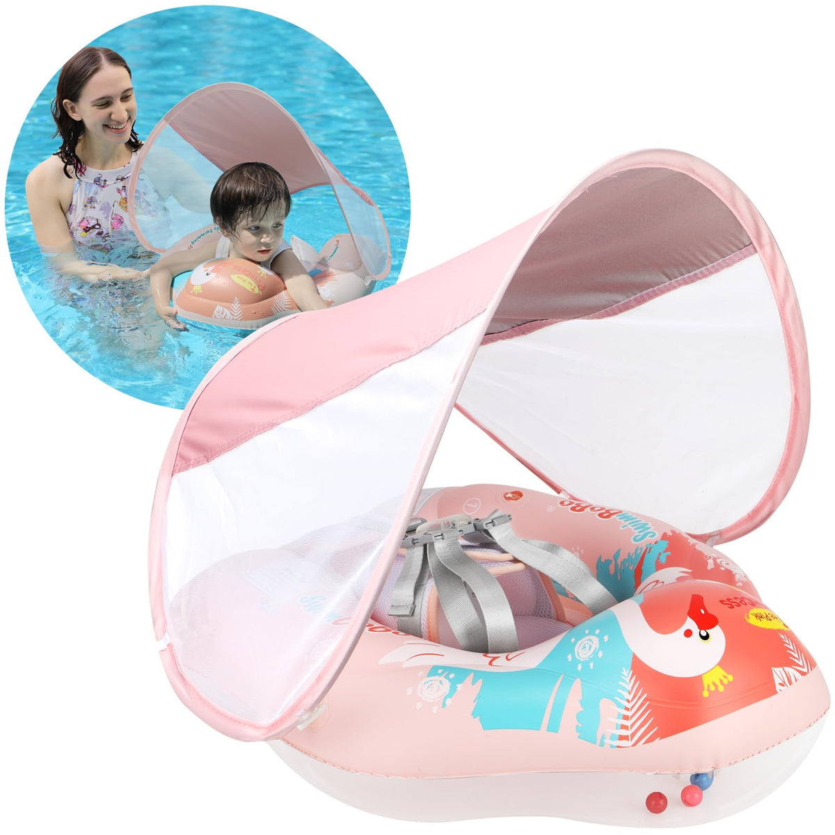 Free Swimming Baby Swimbobo float with pink swan canopy for sun protection and stability.