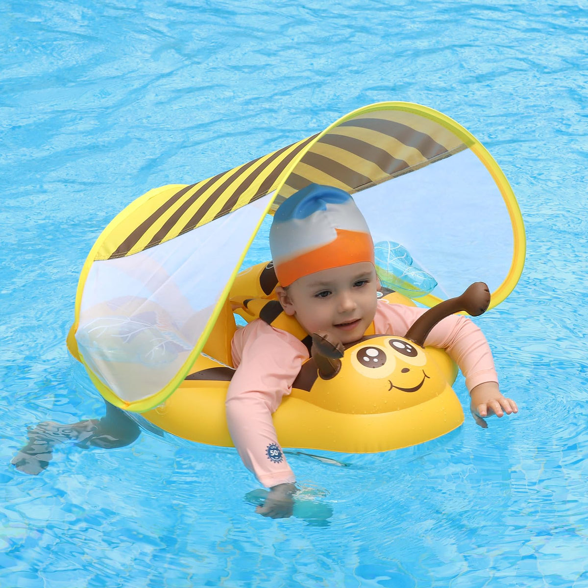 Swimbobo float with sponge bottom providing soft, stable seating
