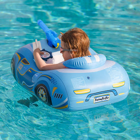 Free Swimming Baby Swimbobo water gun pool float in blue car for active play.