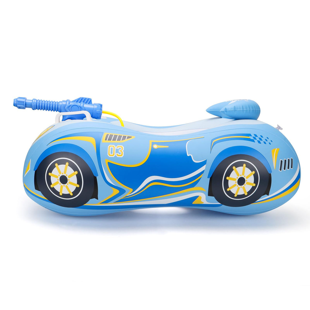 Colorful design and water gun enhance outdoor pool adventures with kids.