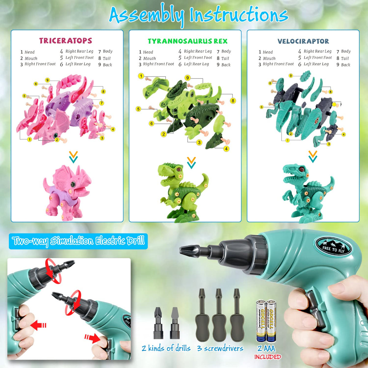 FREE TO FLY drill tool makes safe assembly easy for kids.