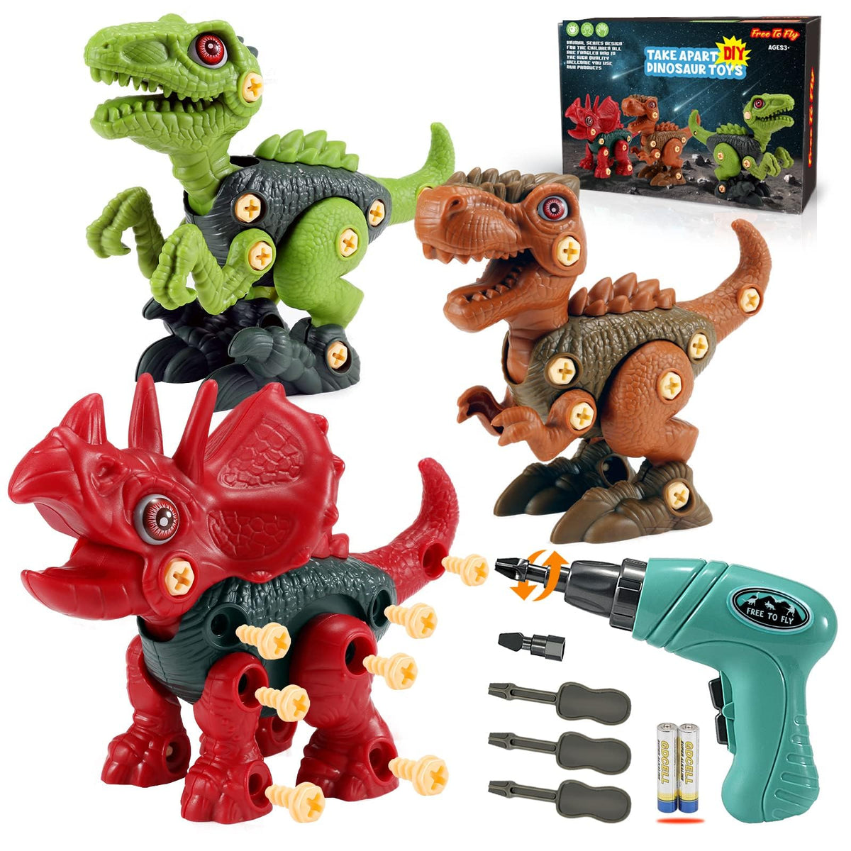 FREE TO FLY red Triceratops take-apart dinosaur toy for creative play.