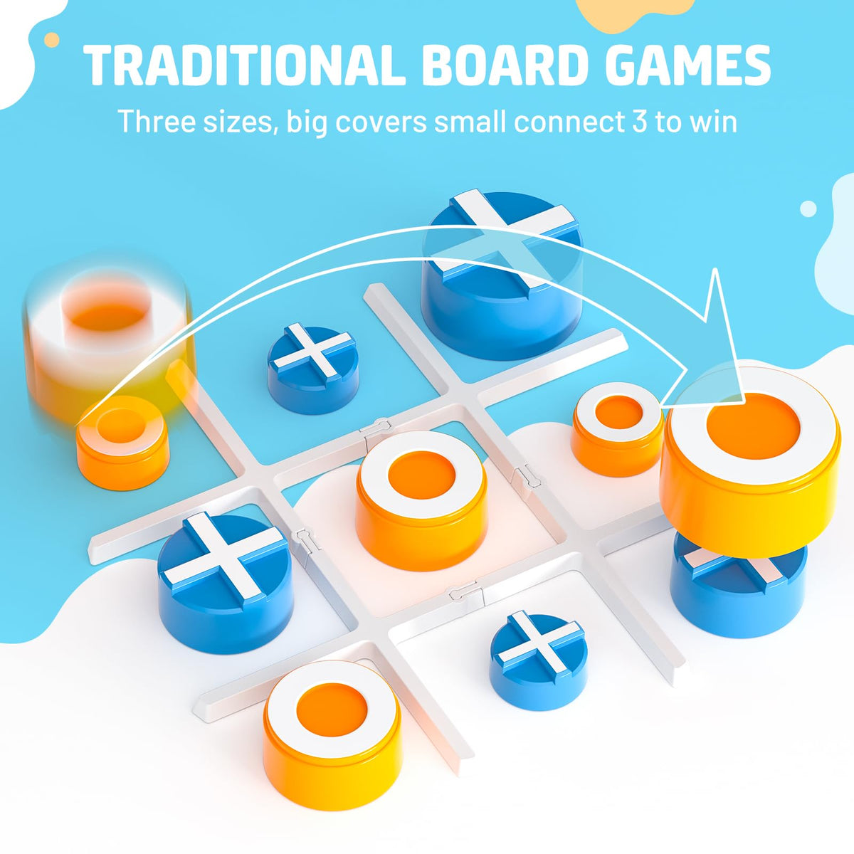 Cover tic-tac-toe pieces in three sizes encourage strategic blocking