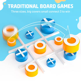 Cover tic-tac-toe pieces in three sizes encourage strategic blocking