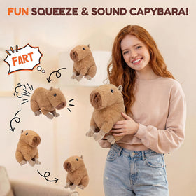 Freetoes farting capybara plush close-up face showing 30 sounds for pranks.