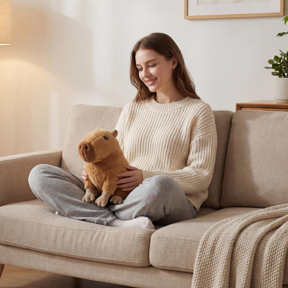 Freetoes farting capybara plush in hand, showcasing a cozy cuddle.